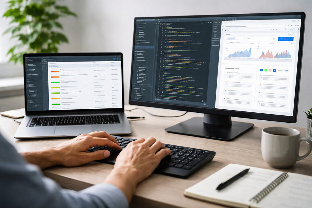 Homem trabalha com dados em seu computador, em um ambiente formal, mas incerto se é uma empresa ou seu home office