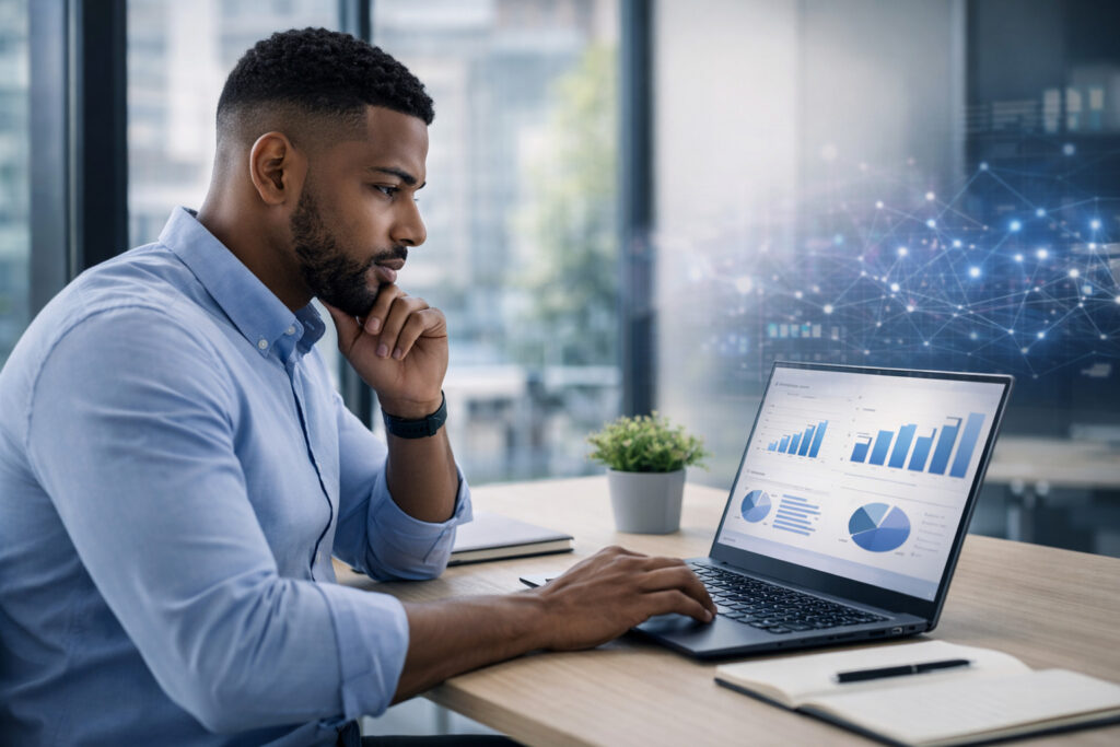 homem executivo, de roupa social, analisa os dados de uma campanha em seu notebook, em um escritório tradicional