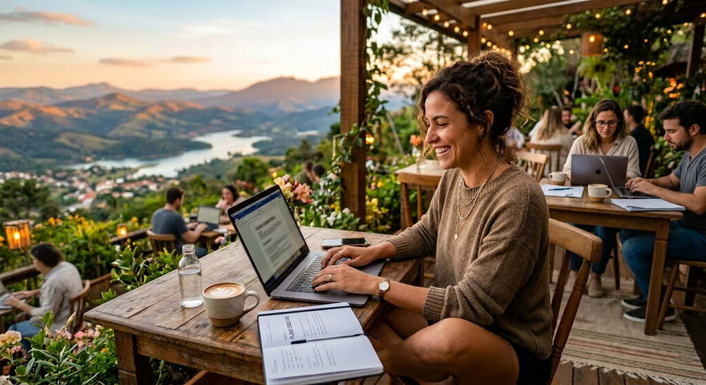 Mulher trabalha em um ambiente externo, em meio à natureza, e mais pessoas trabalham ao fundo, com claro destaque ao trabalho remoto em tec