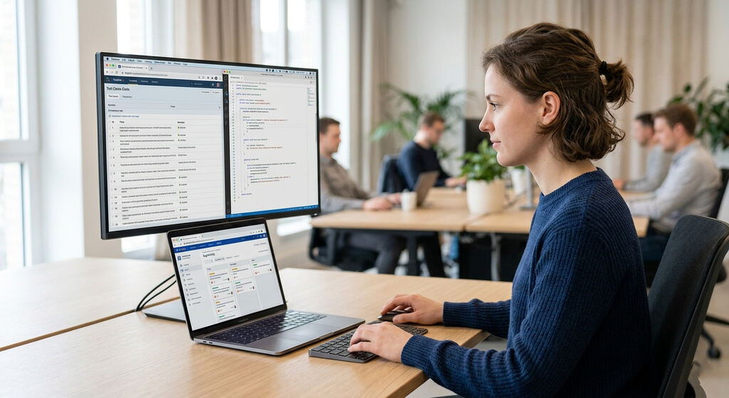Mulher trabalha em seu computador, em um ambiente informal, como um café, com mais pessoas ao fundo também desfrutando de um trabalho remoto